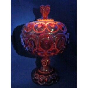 12" L.E. Smith Ruby Red Moon & Star Footed Candy Dish w/ Lid UV GLOW